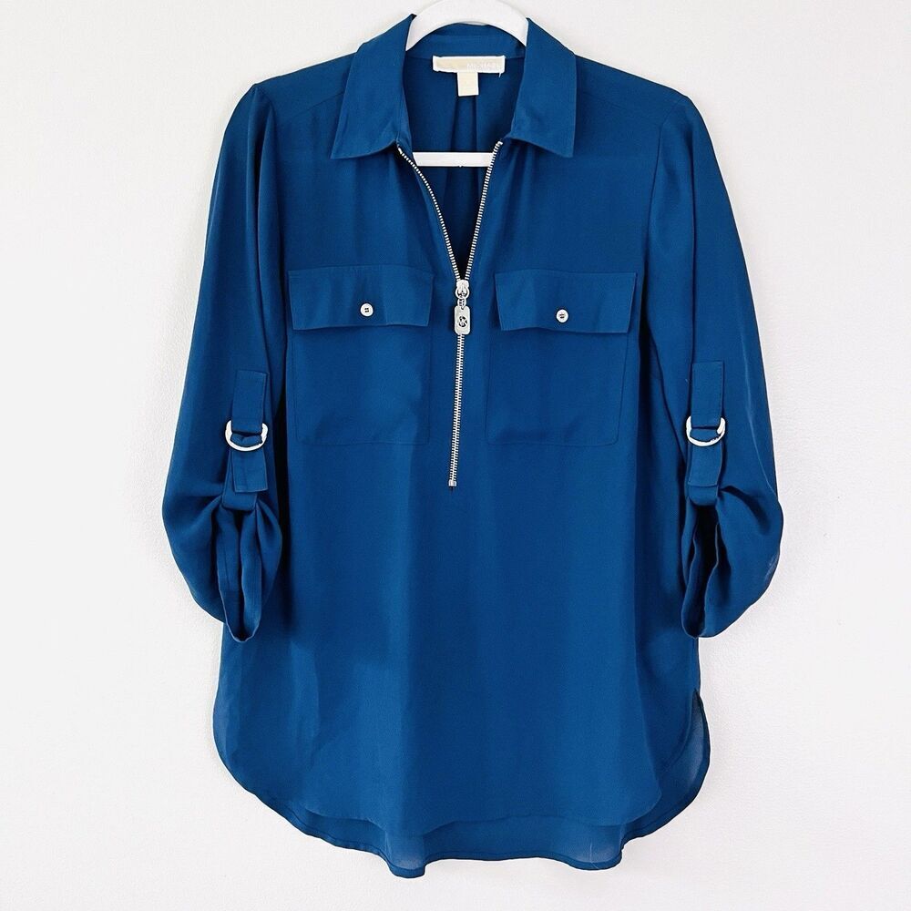 Michael Kors Navy Blue Sheer Chiffon Roll Tab Sleeve Breezy Blouse Size Small